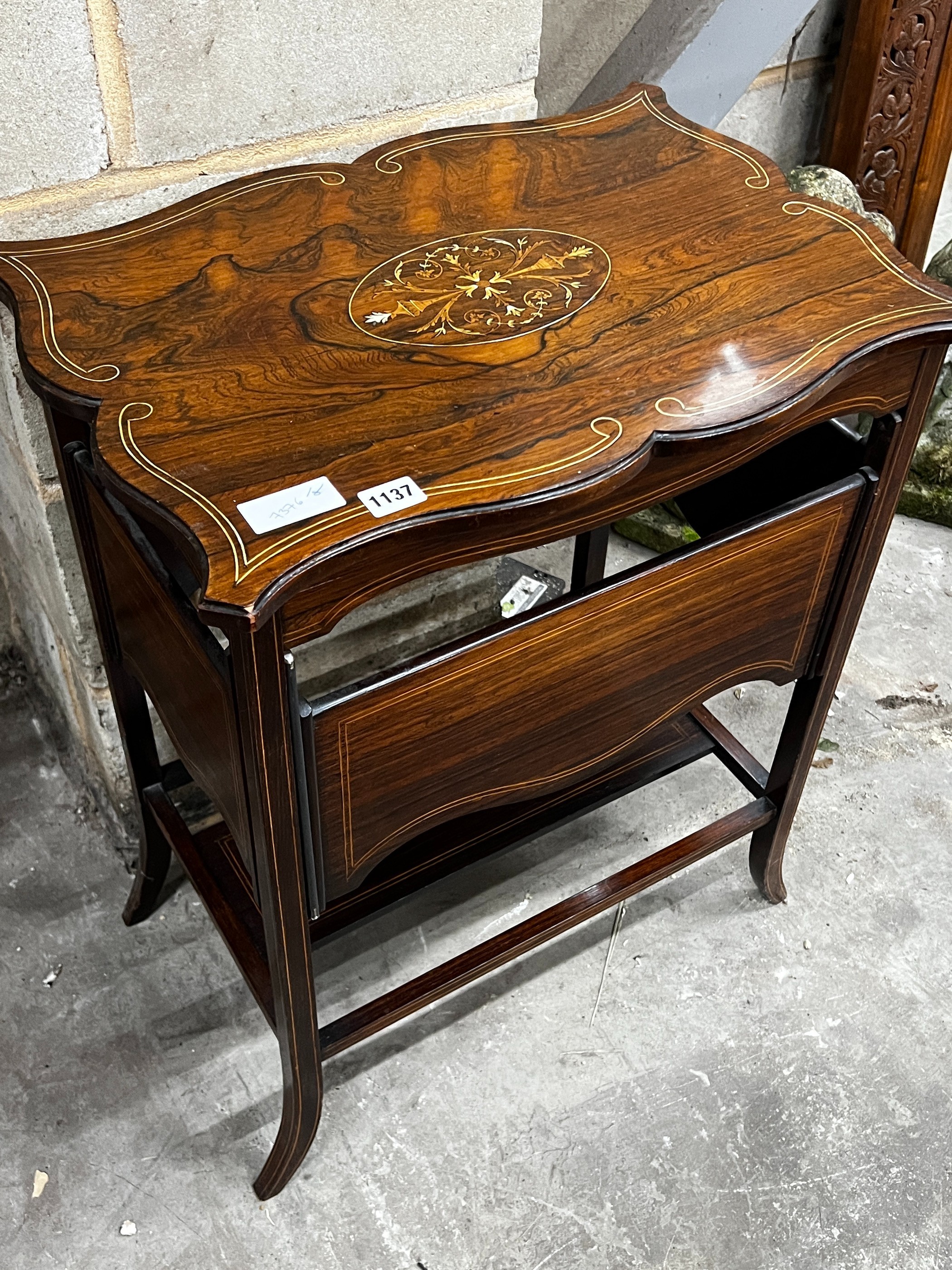 A late Victorian inlaid rosewood drop flap occasional table, width 55cm, depth 39cm, height 71cm